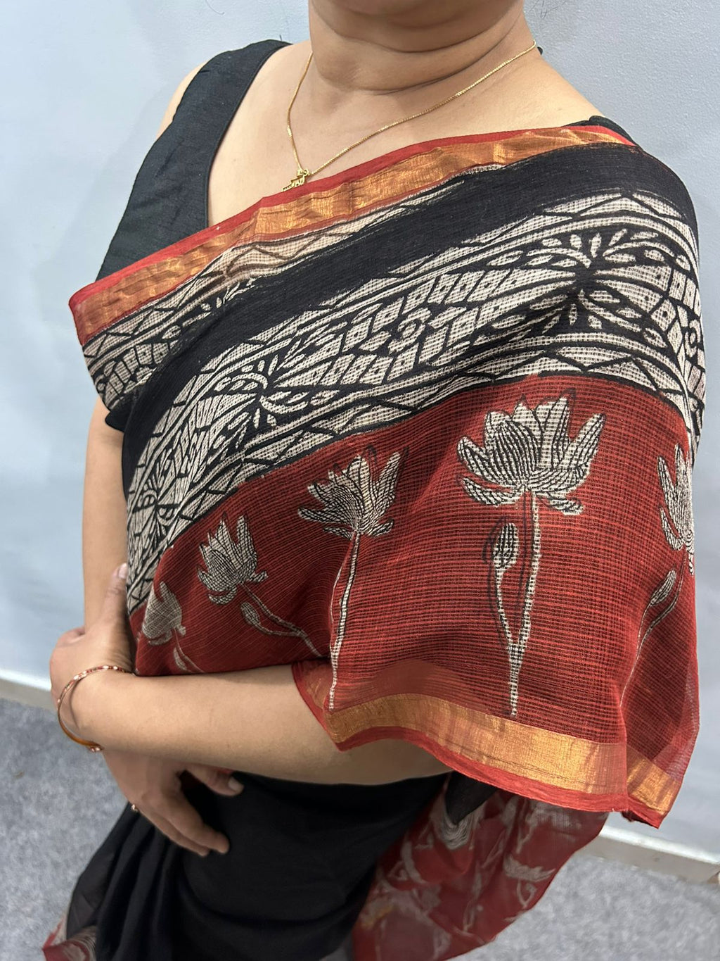 Black Kota Doria Saree with Rust Red Lotus Printed Border & Zari Detailing | Elegant Everyday Saree