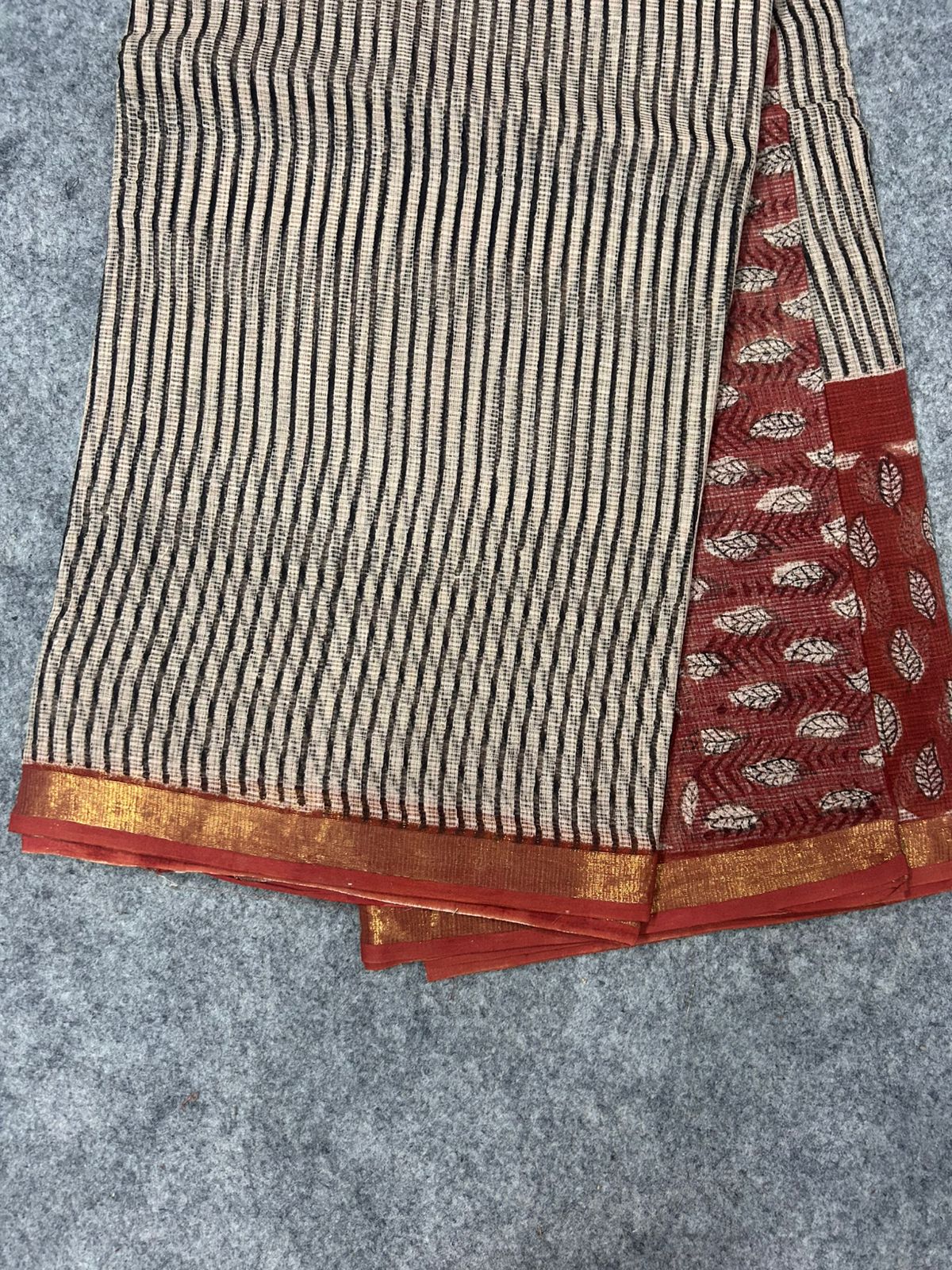 Rust Red Leaf Print Kota Doria Saree with Beige Striped Pallu & Zari Border | Lightweight Festive Everyday Saree