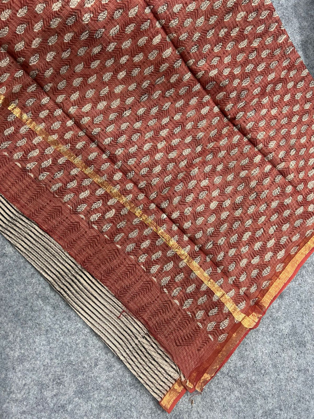 Rust Red Leaf Print Kota Doria Saree with Beige Striped Pallu & Zari Border | Lightweight Festive Everyday Saree