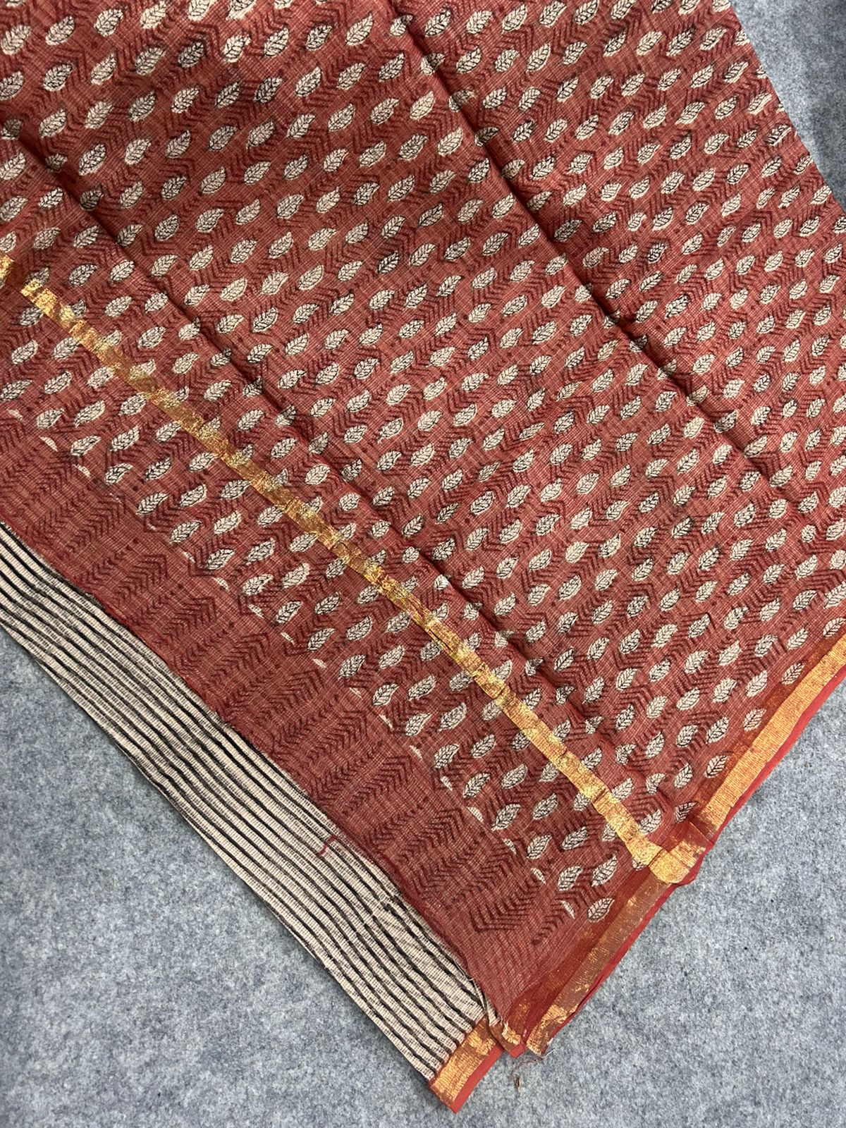 Rust Red Leaf Print Kota Doria Saree with Beige Striped Pallu & Zari Border | Lightweight Festive Everyday Saree
