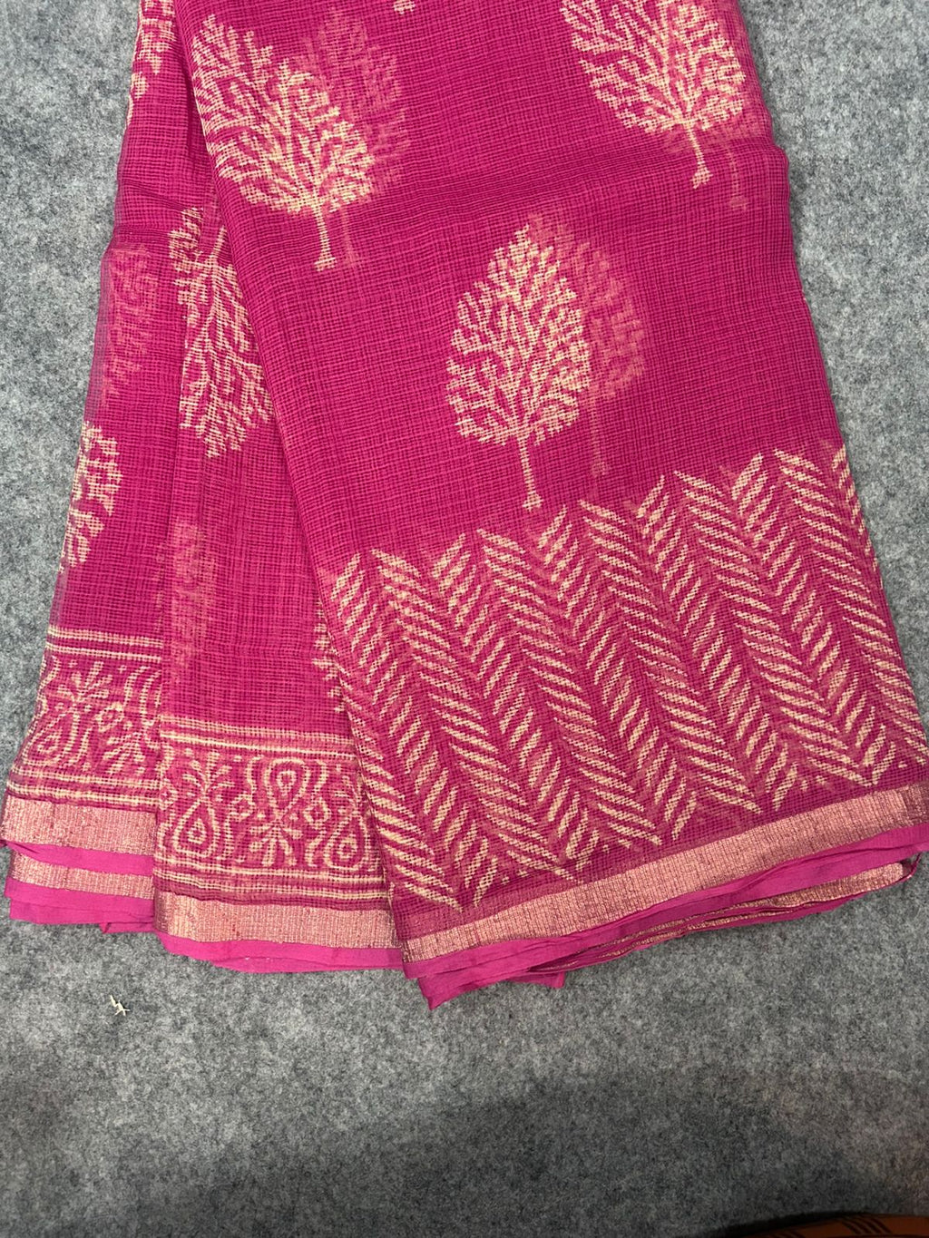 Rani Pink Kota Doria Saree with Gold Tree Motifs & Chevron Pallu | Zari Border Lightweight Saree