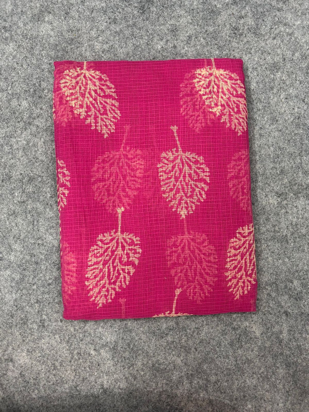Rani Pink Kota Doria Saree with Gold Tree Motifs & Chevron Pallu | Zari Border Lightweight Saree