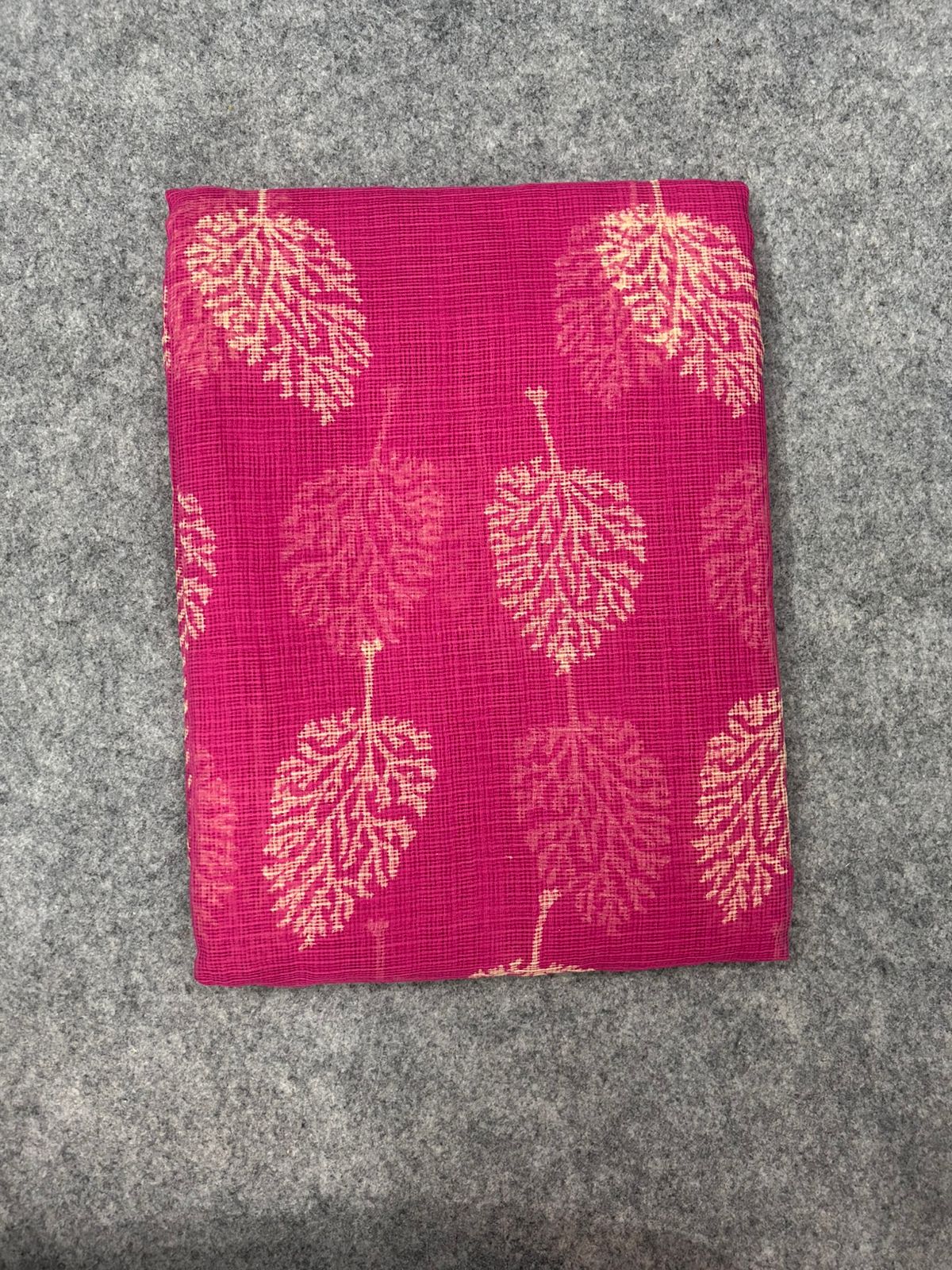 Rani Pink Kota Doria Saree with Gold Tree Motifs & Chevron Pallu | Zari Border Lightweight Saree