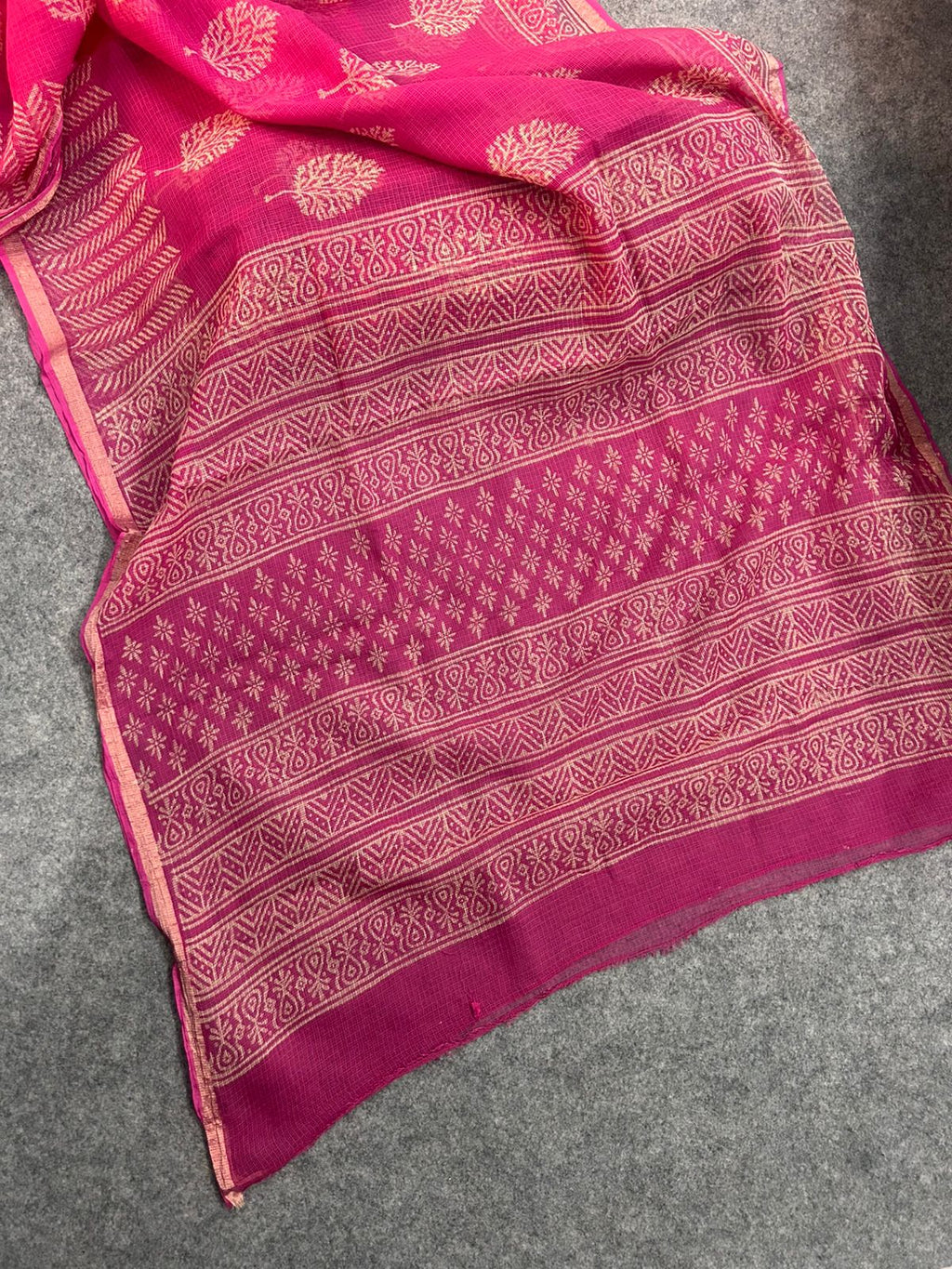 Rani Pink Kota Doria Saree with Gold Tree Motifs & Chevron Pallu | Zari Border Lightweight Saree