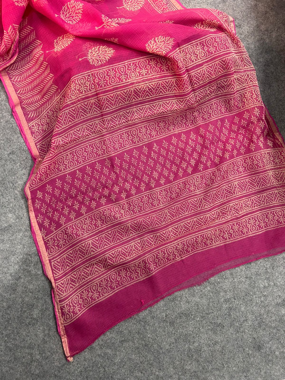 Rani Pink Kota Doria Saree with Gold Tree Motifs & Chevron Pallu | Zari Border Lightweight Saree