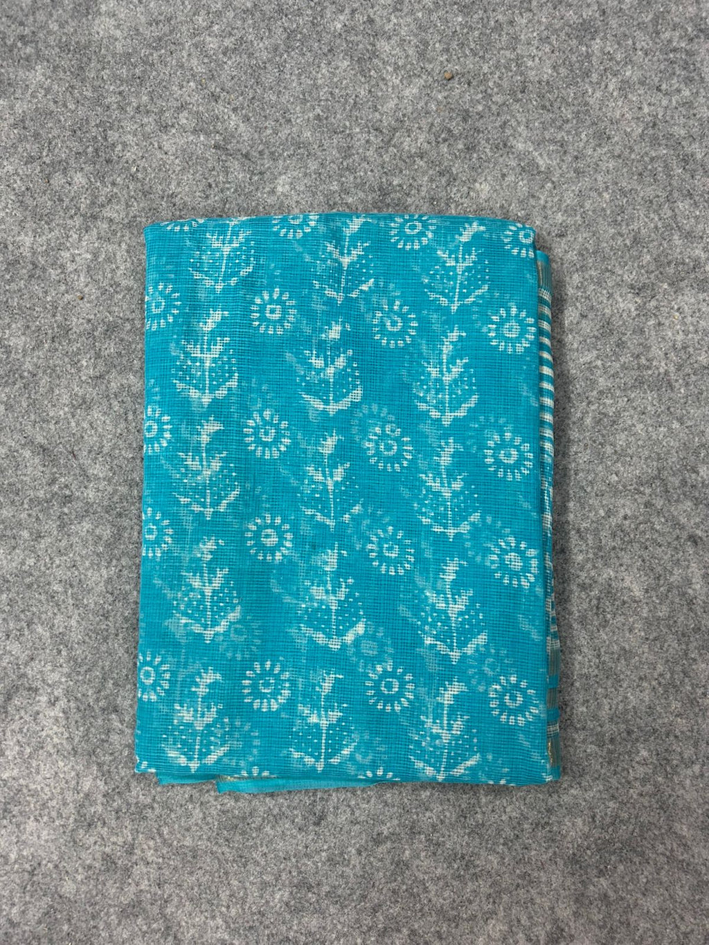 Blue Kota Doria Saree with White Floral Buta Print & Striped Pallu | Zari Border Lightweight Saree