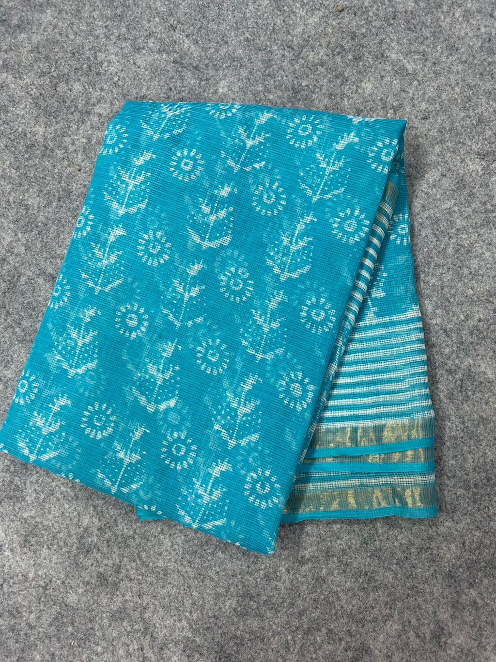 Blue Kota Doria Saree with White Floral Buta Print & Striped Pallu | Zari Border Lightweight Saree