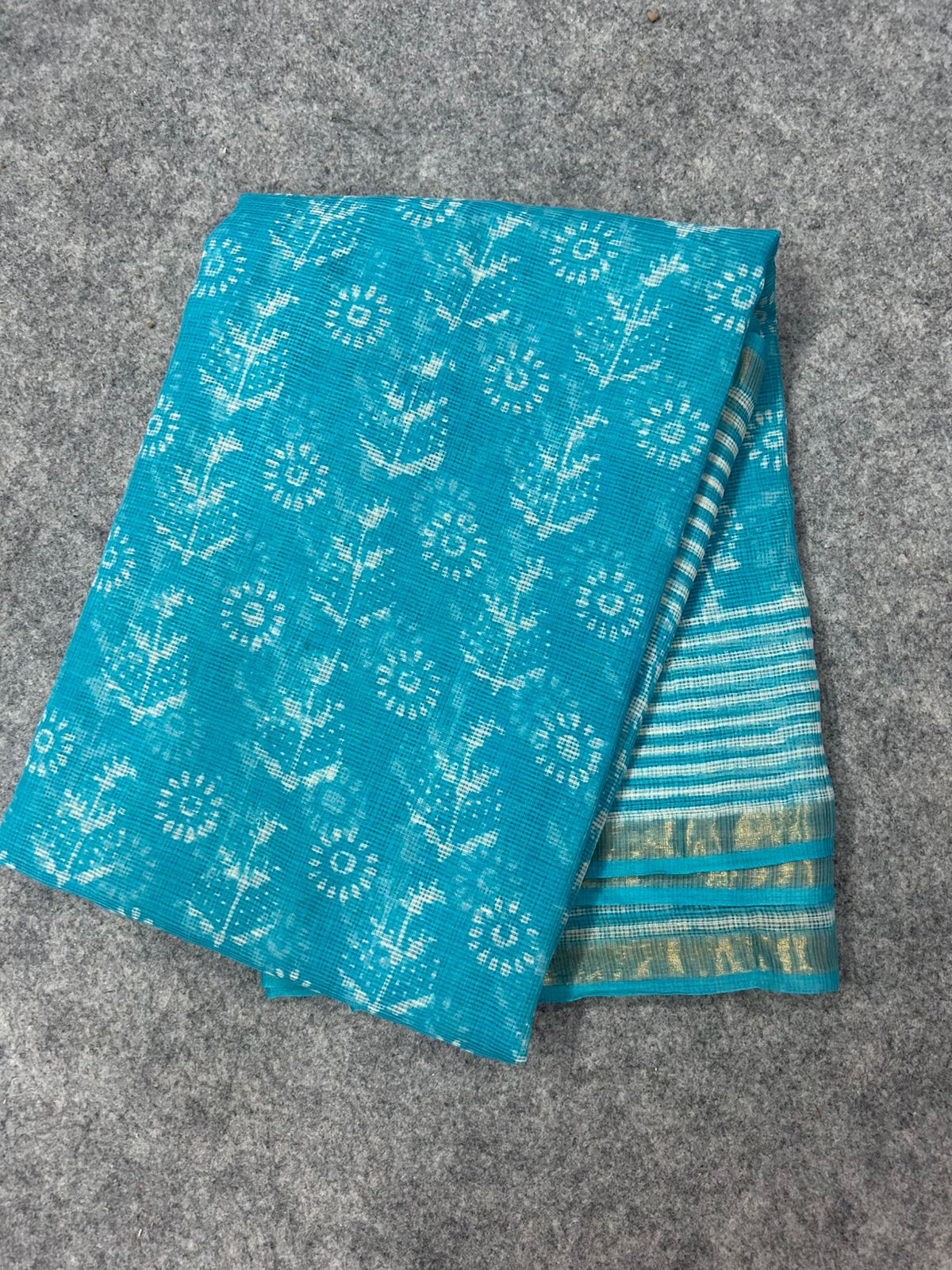 Blue Kota Doria Saree with White Floral Buta Print & Striped Pallu | Zari Border Lightweight Saree