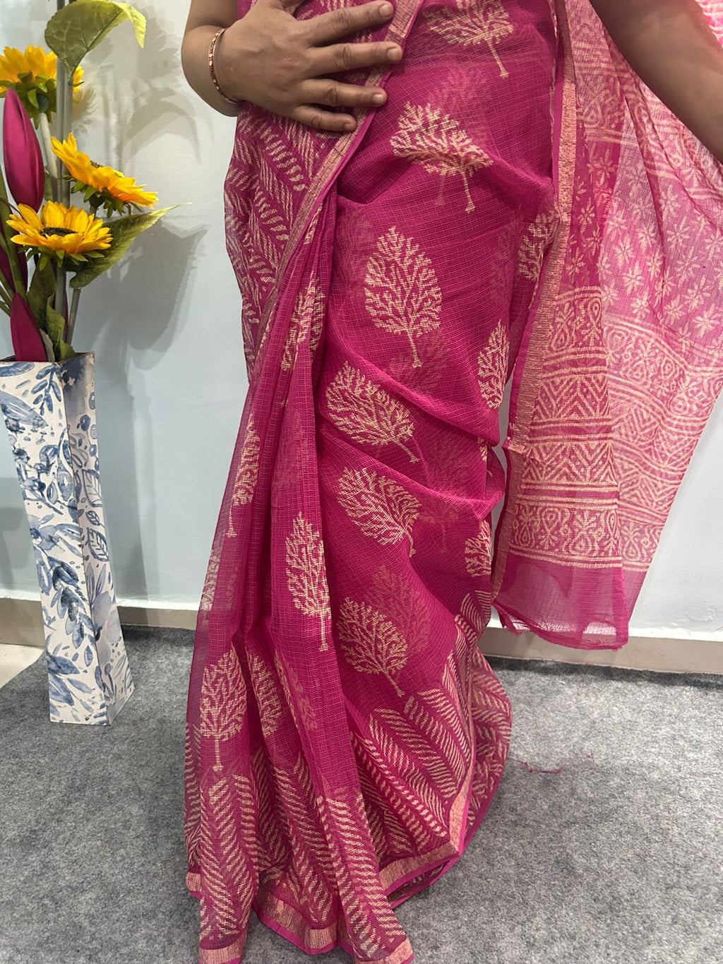 Rani Pink Kota Doria Saree with Gold Tree Motifs & Chevron Pallu | Zari Border Lightweight Saree