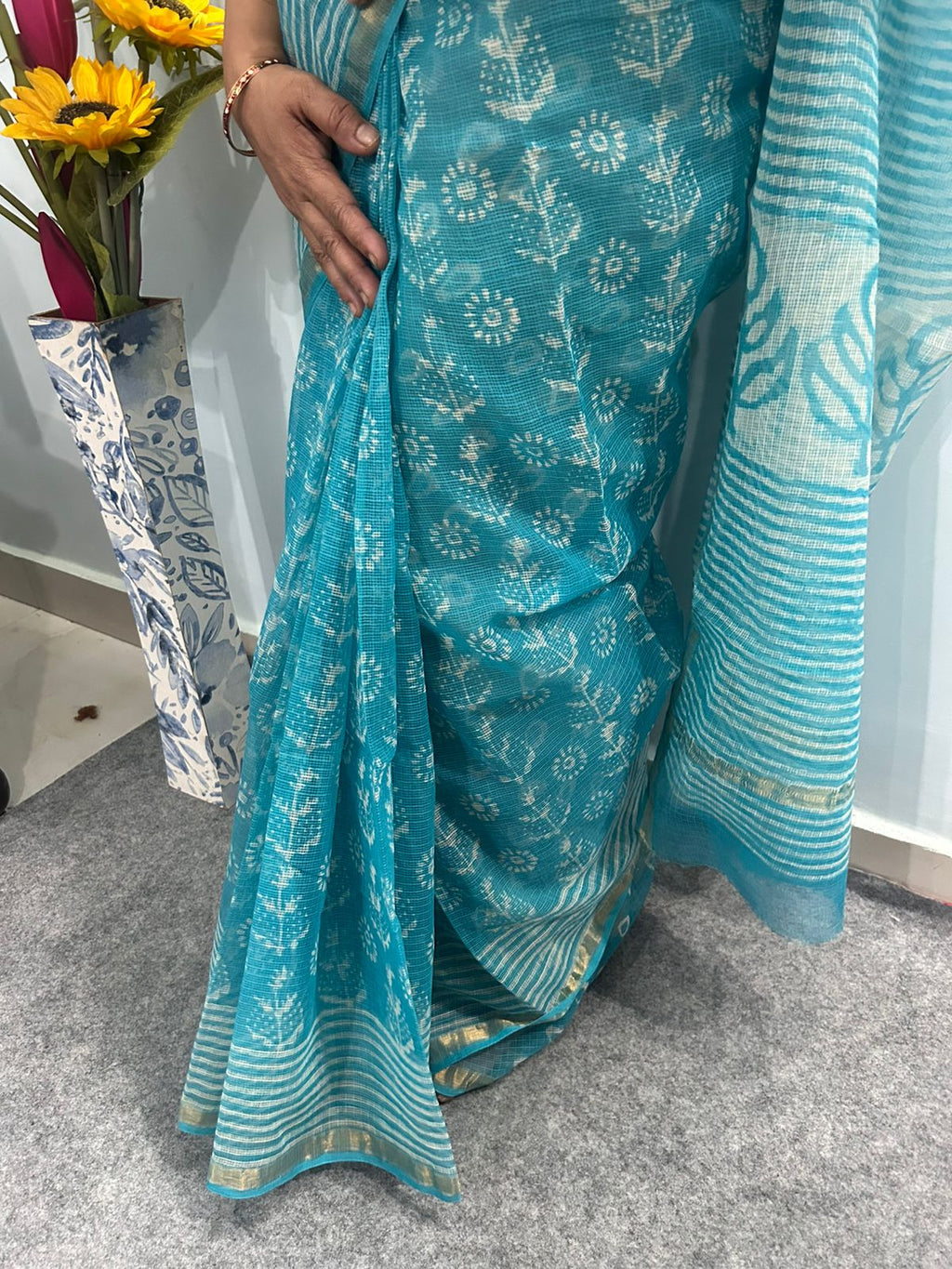 Blue Kota Doria Saree with White Floral Buta Print & Striped Pallu | Zari Border Lightweight Saree