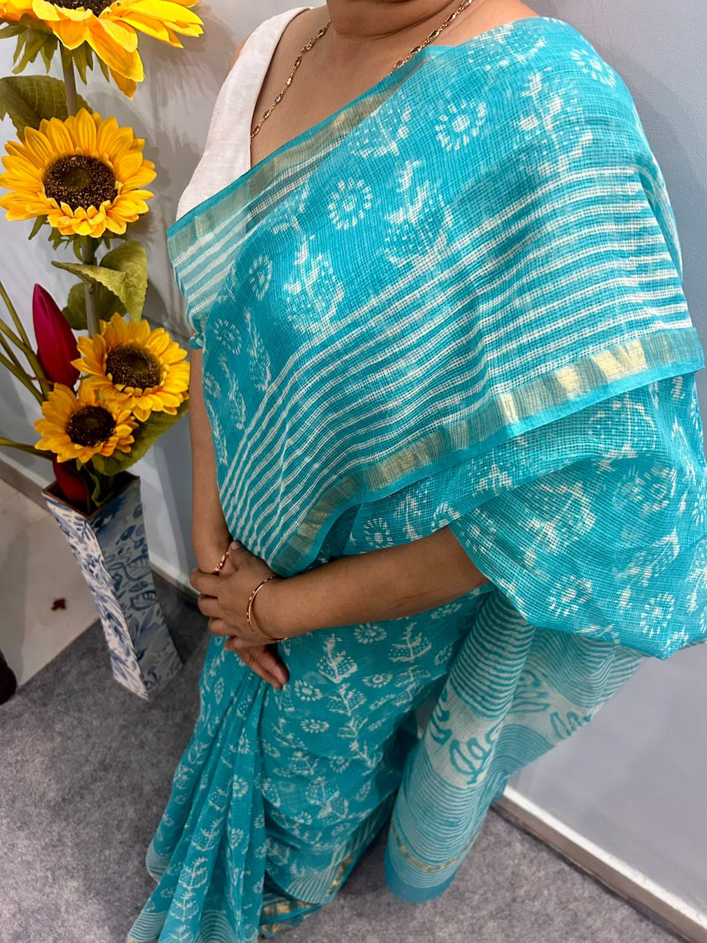 Blue Kota Doria Saree with White Floral Buta Print & Striped Pallu | Zari Border Lightweight Saree