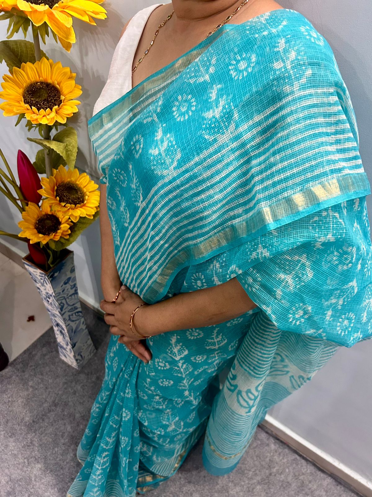 Blue Kota Doria Saree with White Floral Buta Print & Striped Pallu | Zari Border Lightweight Saree