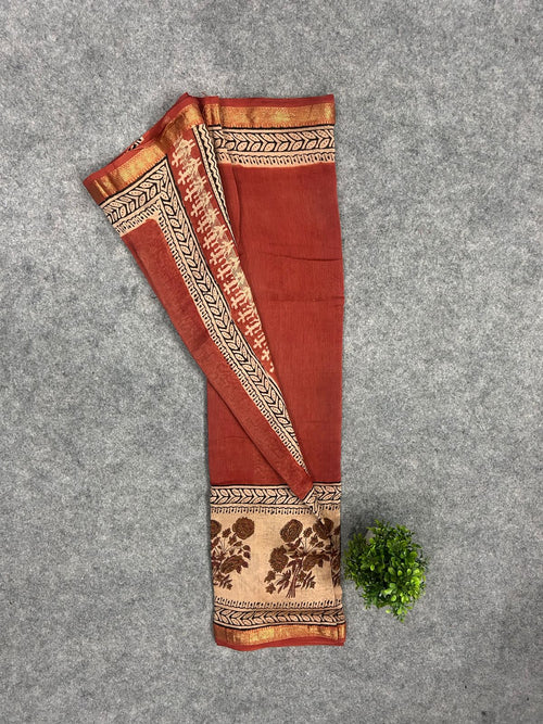 Beige & Rust Maheshwari Silk Saree with Handblock Floral Print & Zari Border | Elegant Festive Wear