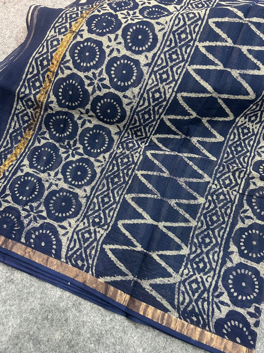 Indigo & Off-White Striped Kota Doria Saree with Hand Block Print Border | Lightweight Everyday Saree