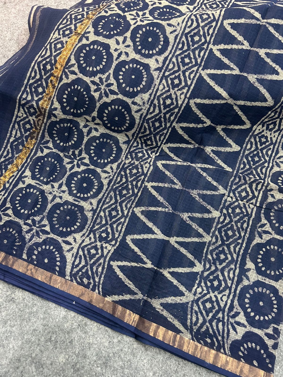 Indigo & Off-White Striped Kota Doria Saree with Hand Block Print Border | Lightweight Everyday Saree