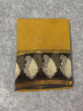 Mustard Yellow Kota Doria Saree with Black Contrast Border & Ivory Paisley Motifs | Zari Border Lightweight Saree