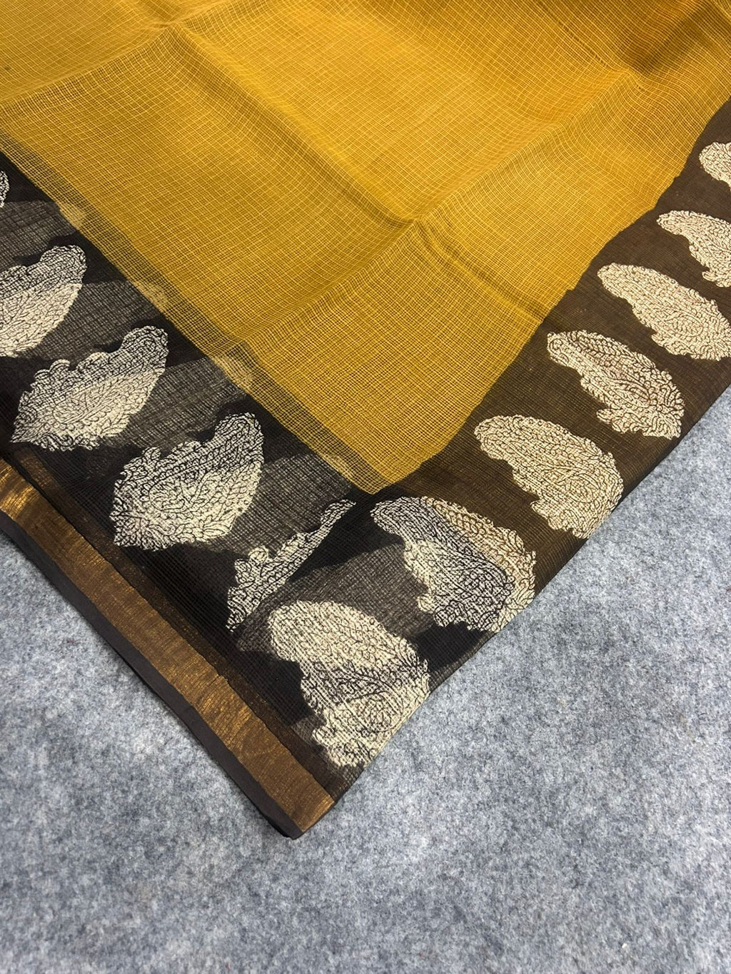 Mustard Yellow Kota Doria Saree with Black Contrast Border & Ivory Paisley Motifs | Zari Border Lightweight Saree