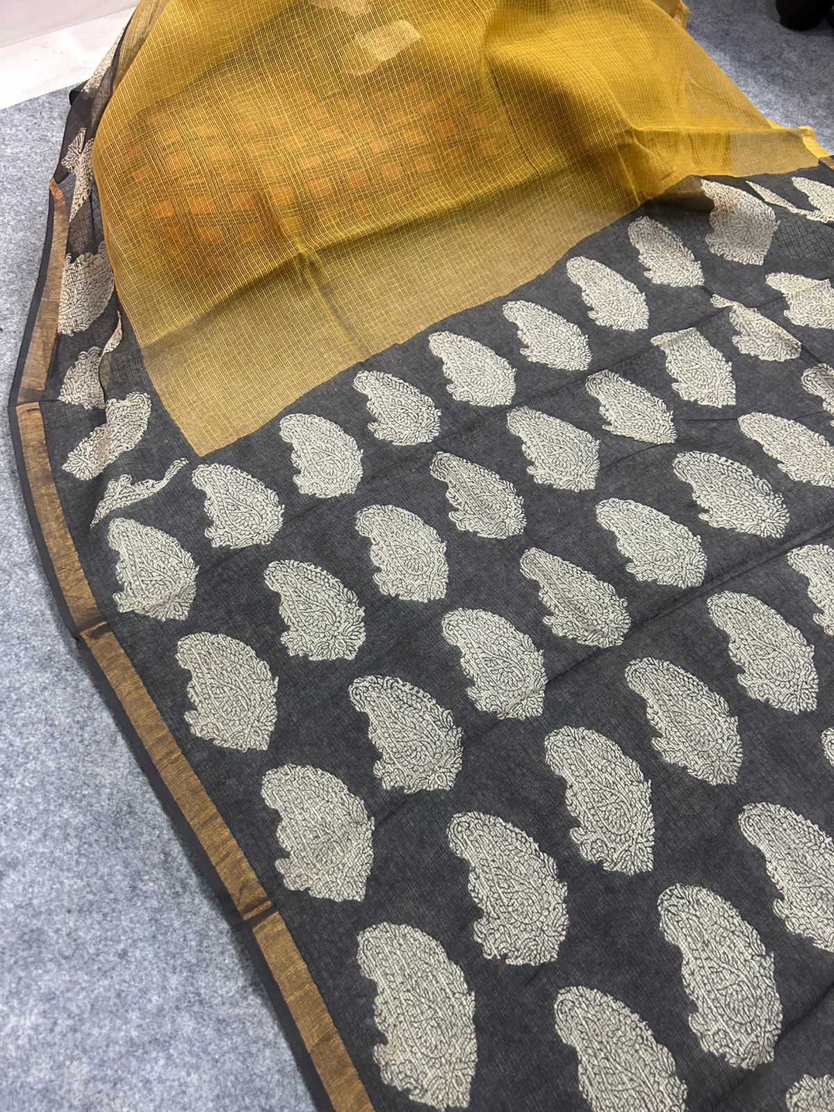 Mustard Yellow Kota Doria Saree with Black Contrast Border & Ivory Paisley Motifs | Zari Border Lightweight Saree