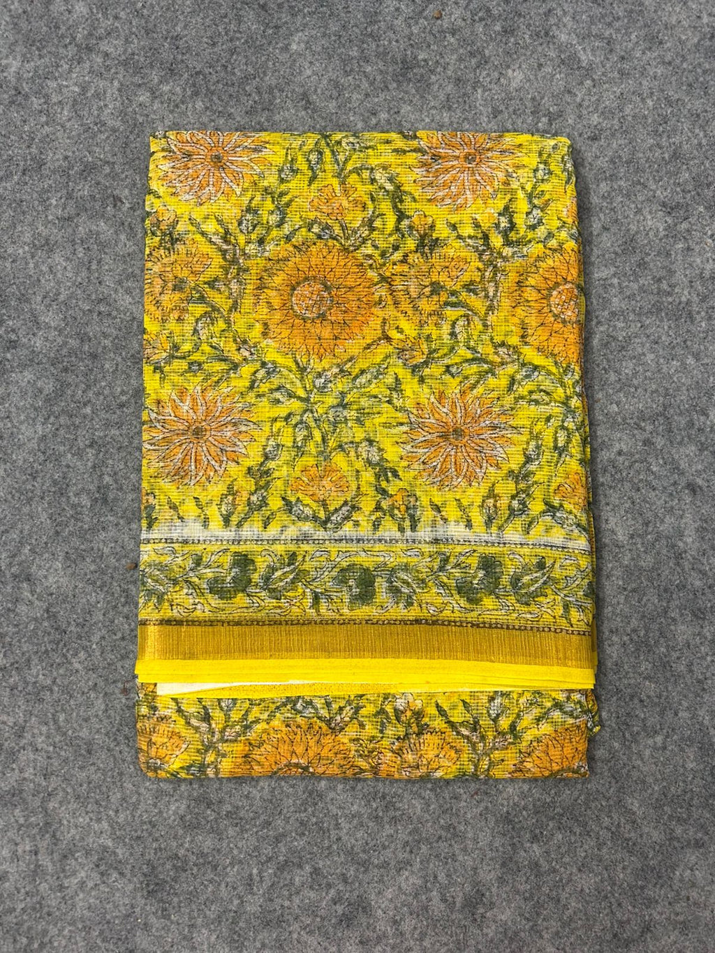 Bright Yellow Kota Doria Saree with Floral Handblock Print & Contrast Border | Lightweight Everyday Saree