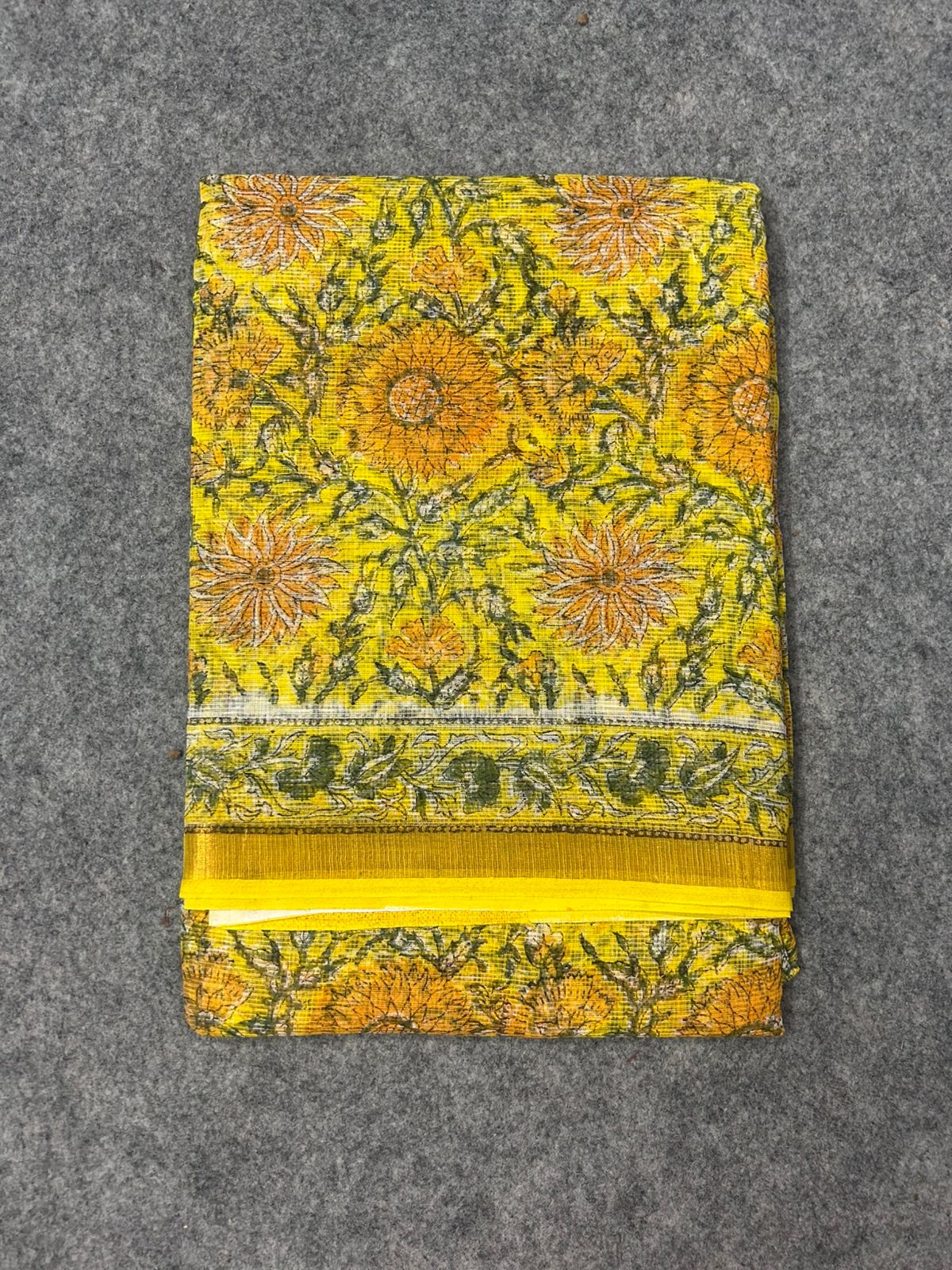 Bright Yellow Kota Doria Saree with Floral Handblock Print & Contrast Border | Lightweight Everyday Saree