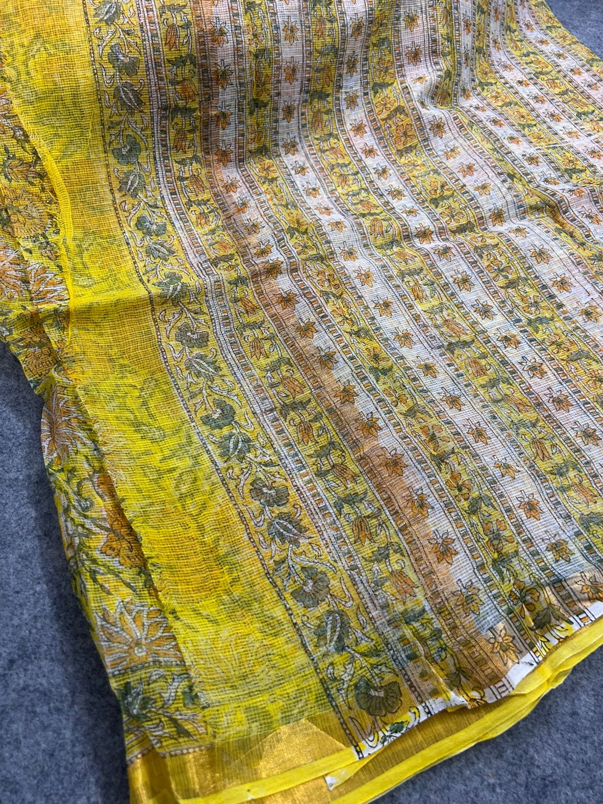 Bright Yellow Kota Doria Saree with Floral Handblock Print & Contrast Border | Lightweight Everyday Saree