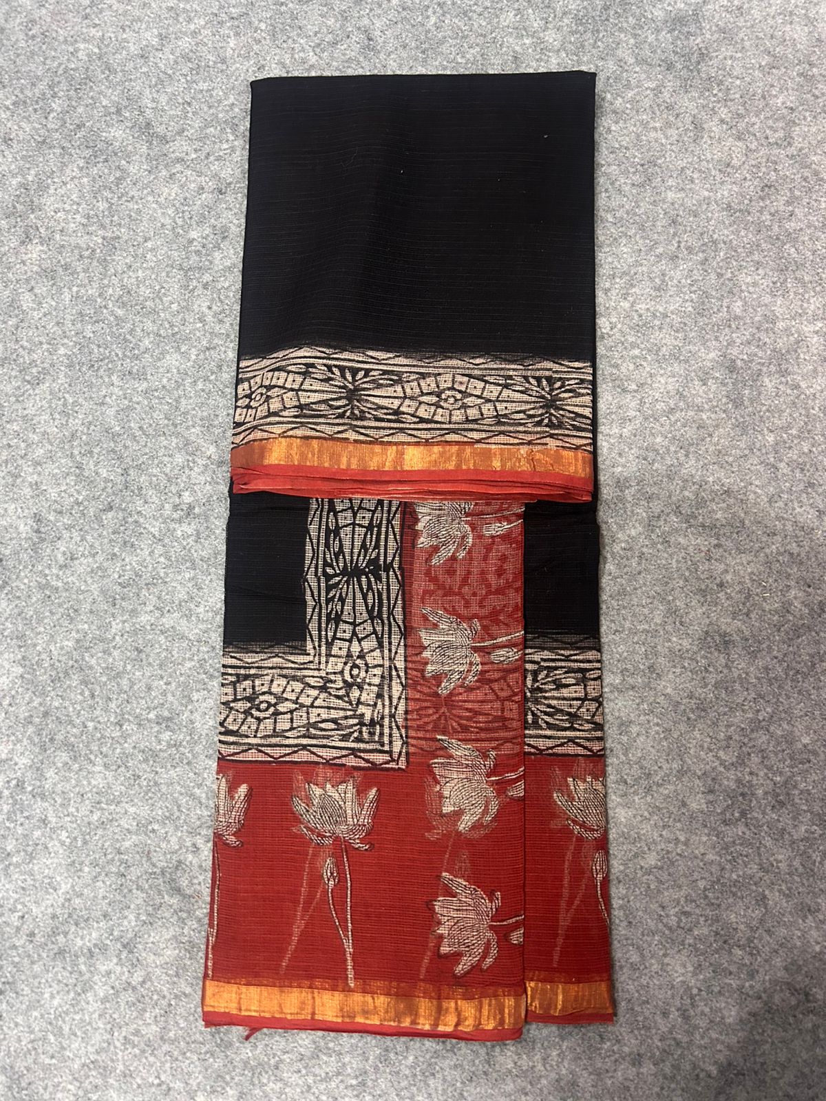 Black Kota Doria Saree with Rust Red Lotus Printed Border & Zari Detailing | Elegant Everyday Saree