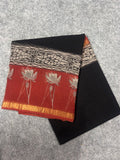 Black Kota Doria Saree with Rust Red Lotus Printed Border & Zari Detailing | Elegant Everyday Saree