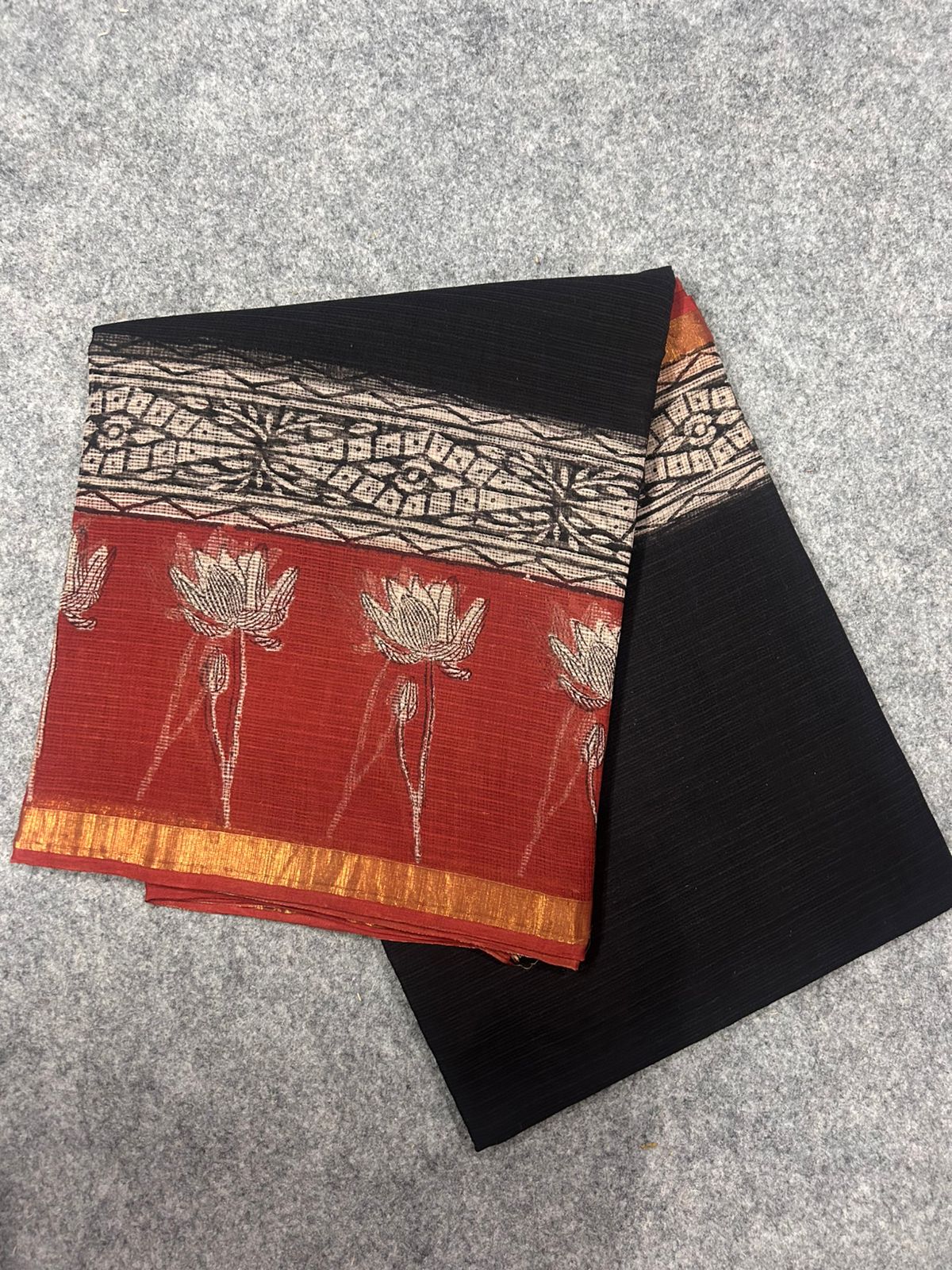 Black Kota Doria Saree with Rust Red Lotus Printed Border & Zari Detailing | Elegant Everyday Saree