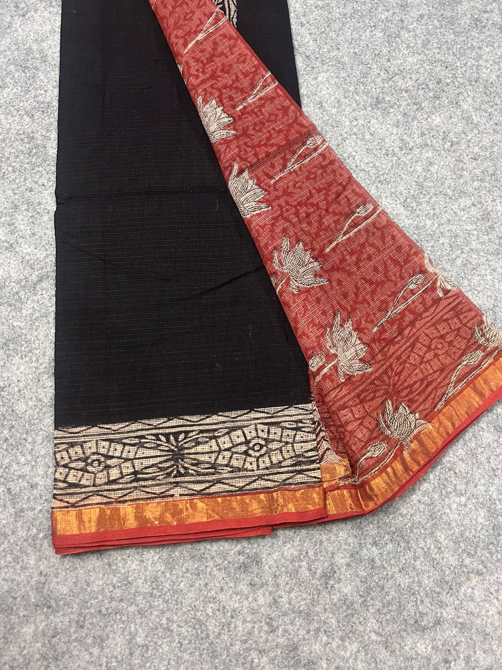 Black Kota Doria Saree with Rust Red Lotus Printed Border & Zari Detailing | Elegant Everyday Saree