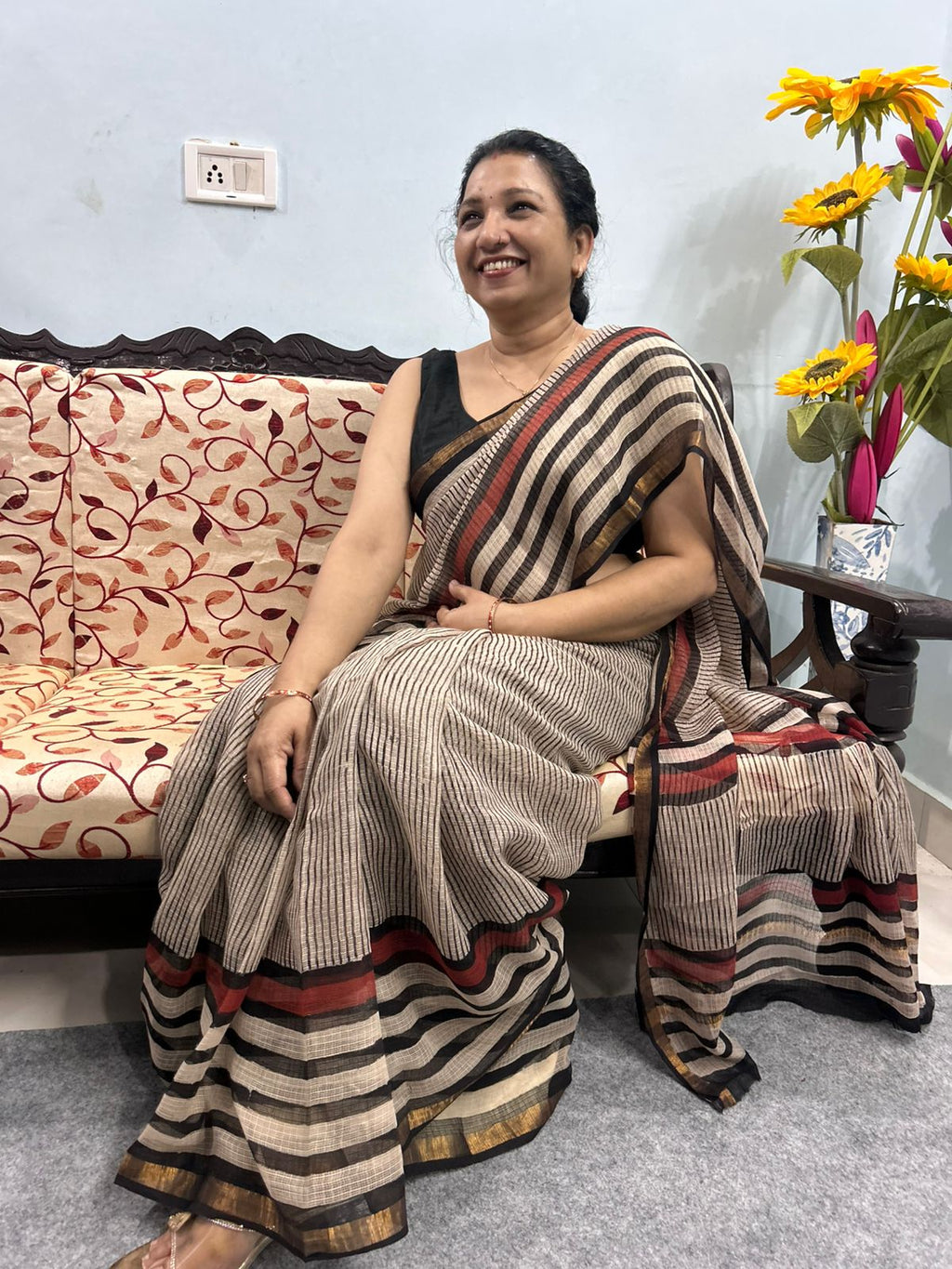 Beige & Black Striped Kota Doria Saree with Rust Accent Border & Zari Detailing | Minimal Everyday Saree