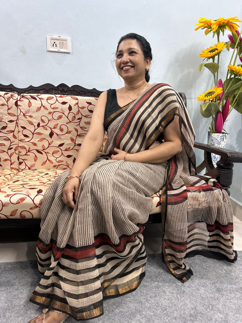 Beige & Black Striped Kota Doria Saree with Rust Accent Border & Zari Detailing | Minimal Everyday Saree