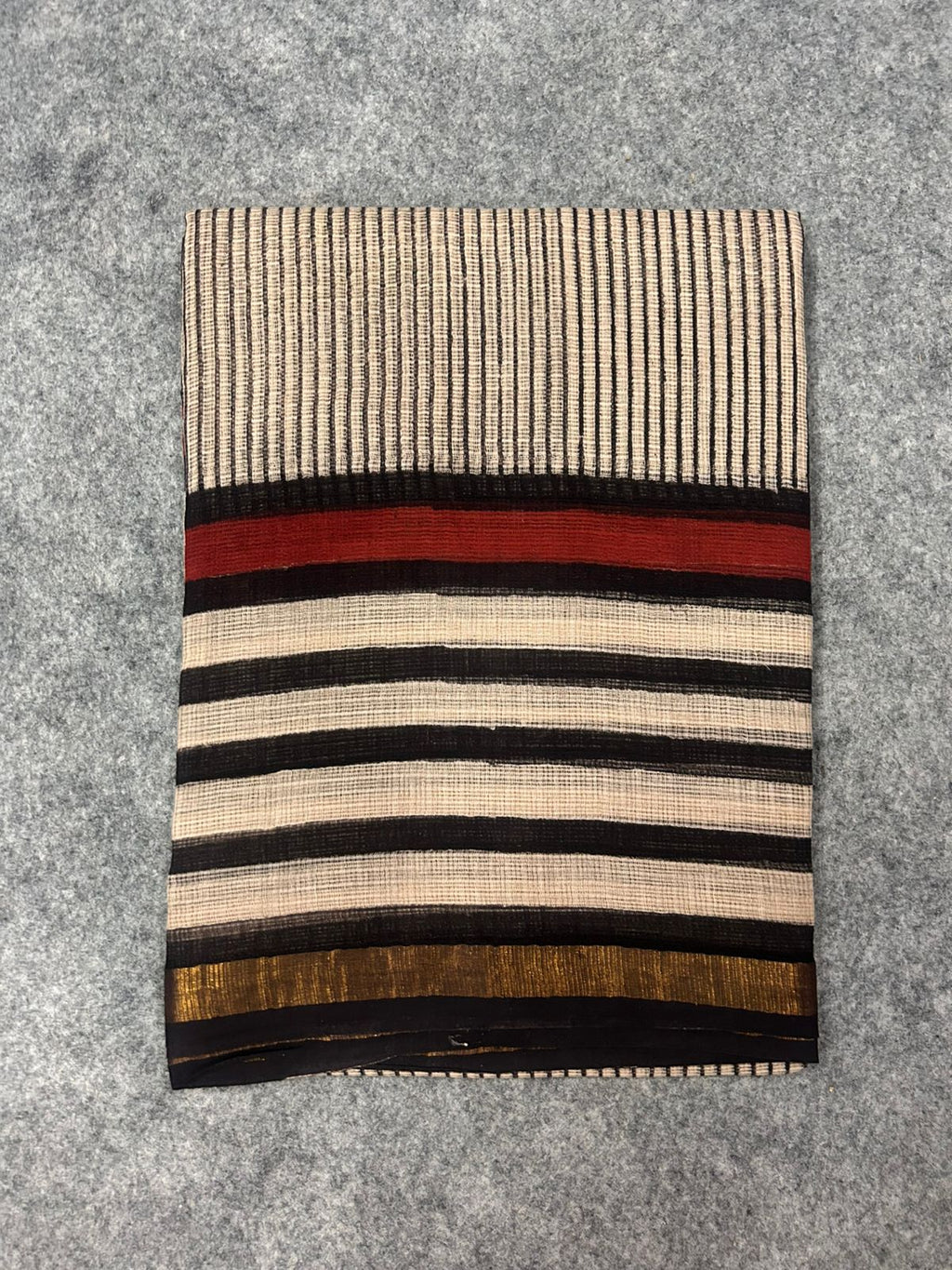 Beige & Black Striped Kota Doria Saree with Rust Accent Border & Zari Detailing | Minimal Everyday Saree