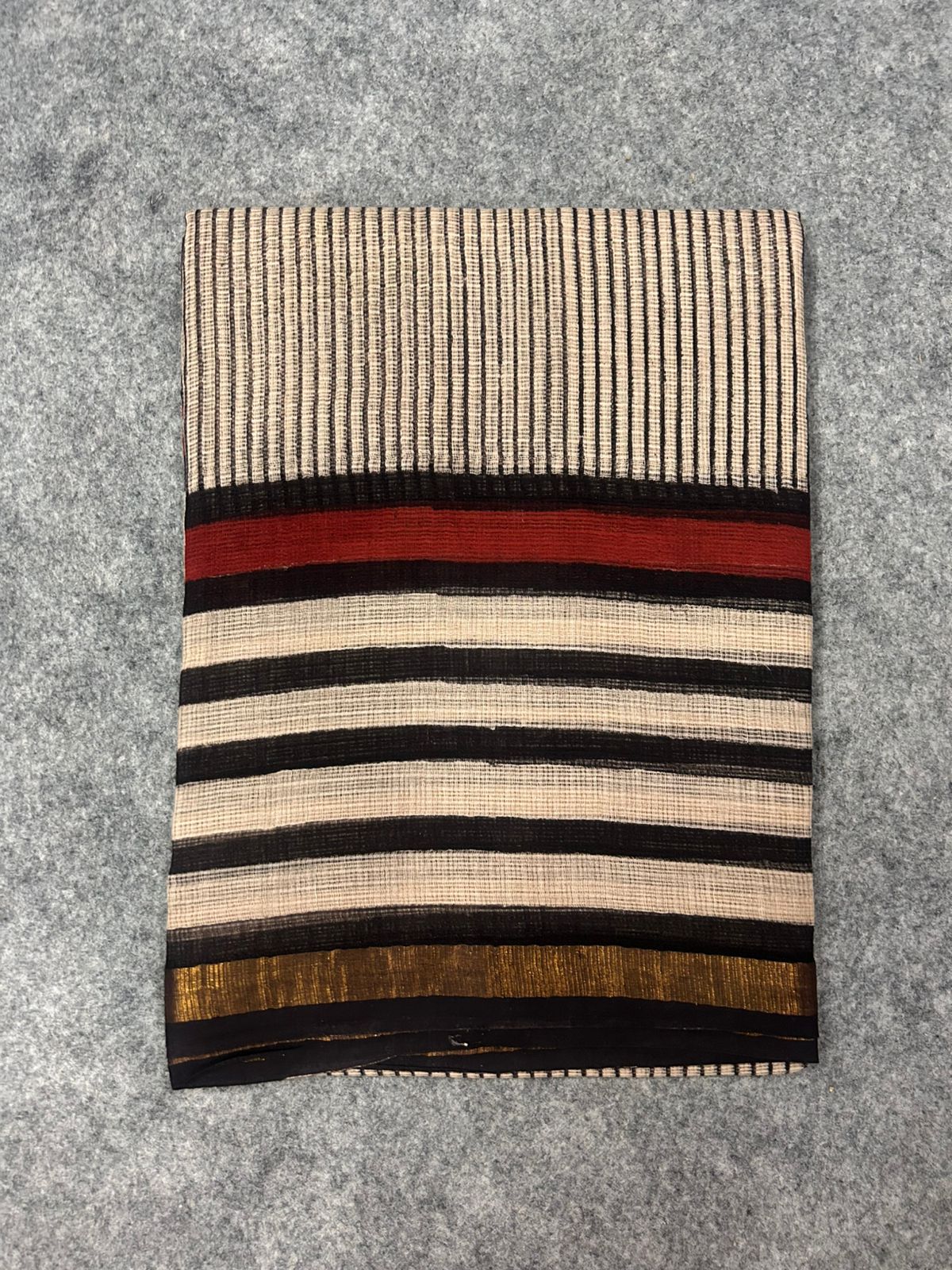 Beige & Black Striped Kota Doria Saree with Rust Accent Border & Zari Detailing | Minimal Everyday Saree