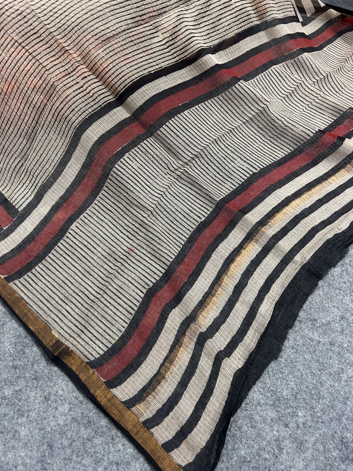 Beige & Black Striped Kota Doria Saree with Rust Accent Border & Zari Detailing | Minimal Everyday Saree