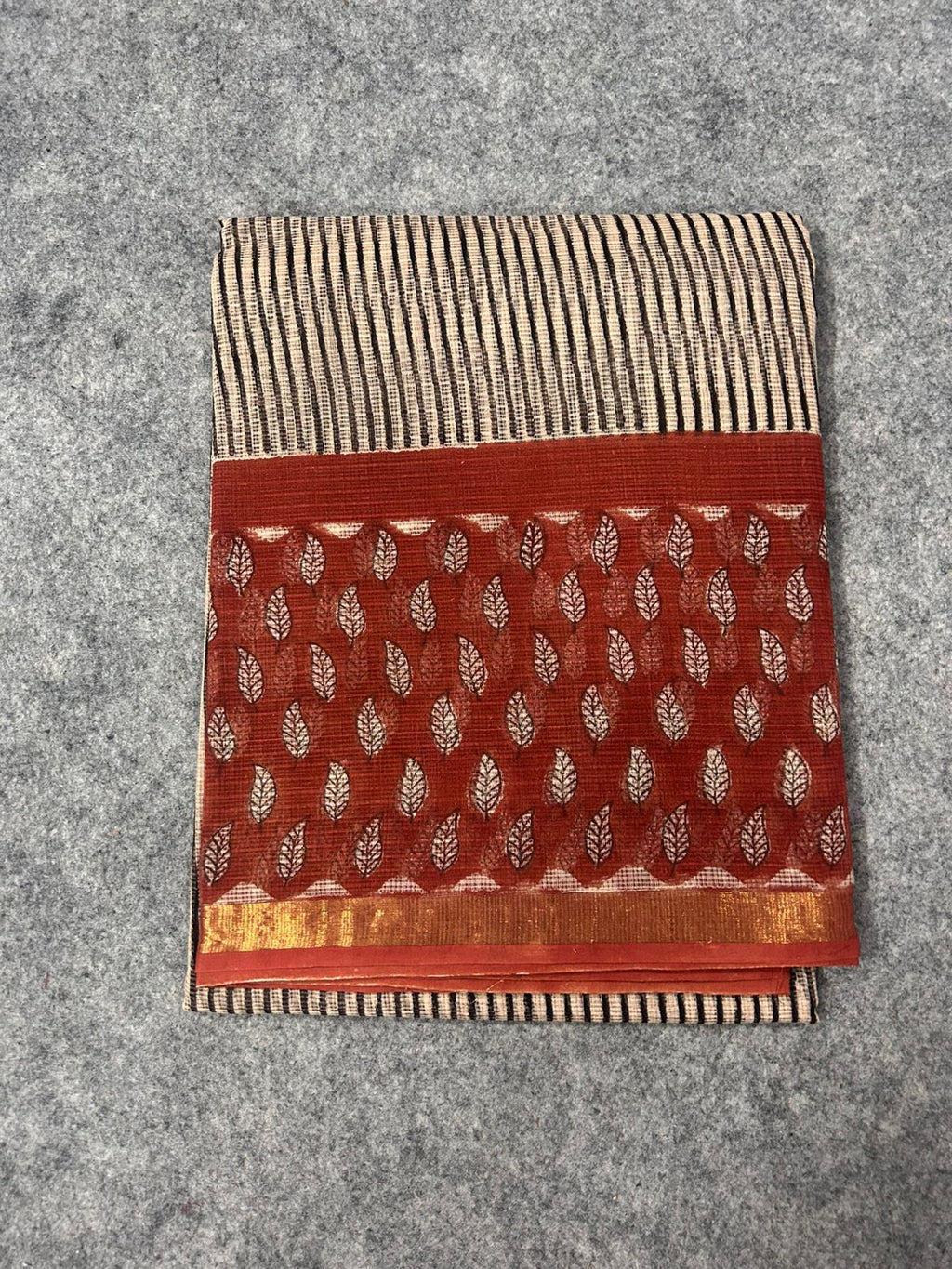 Rust Red Leaf Print Kota Doria Saree with Beige Striped Pallu & Zari Border | Lightweight Festive Everyday Saree
