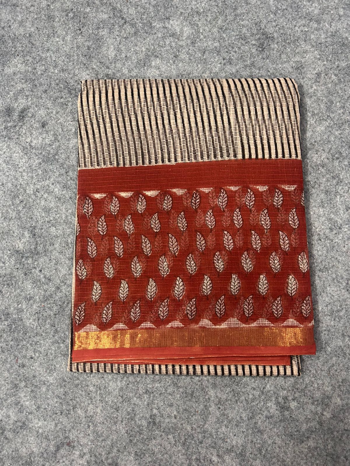 Rust Red Leaf Print Kota Doria Saree with Beige Striped Pallu & Zari Border | Lightweight Festive Everyday Saree