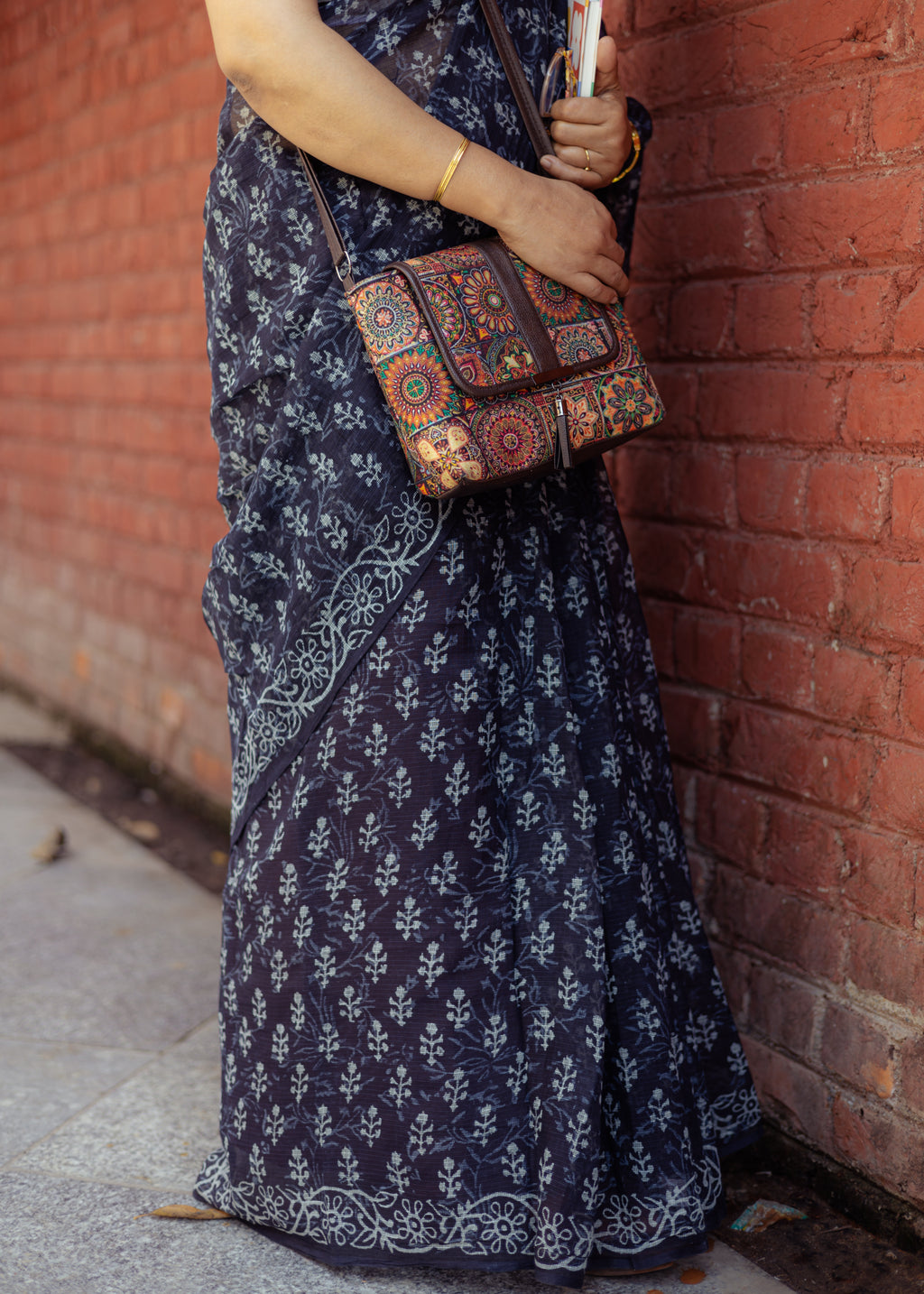 Indigo Blue Kota Doria Saree with White Block Print Motifs