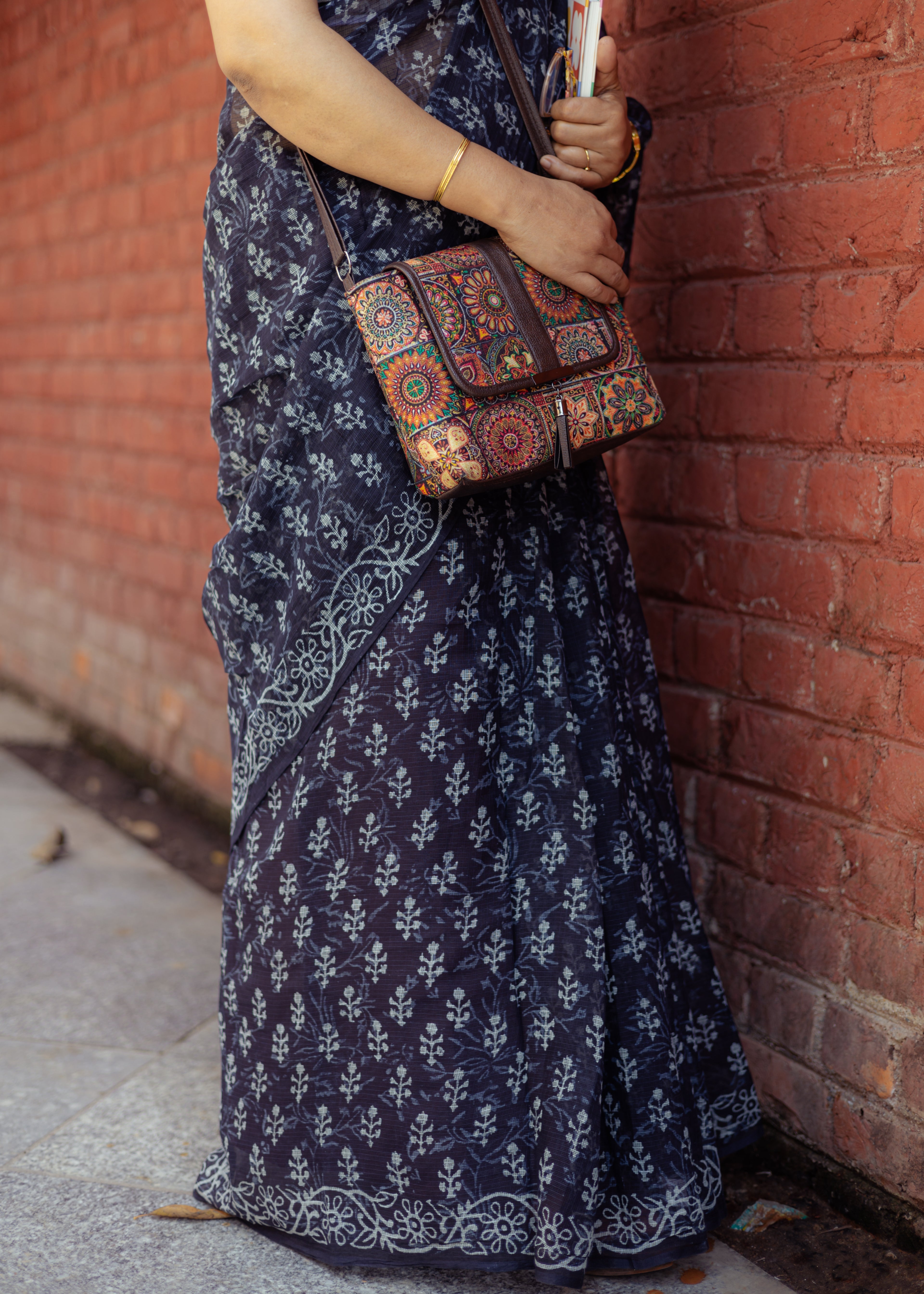 Indigo Blue Kota Doria Saree with White Block Print Motifs