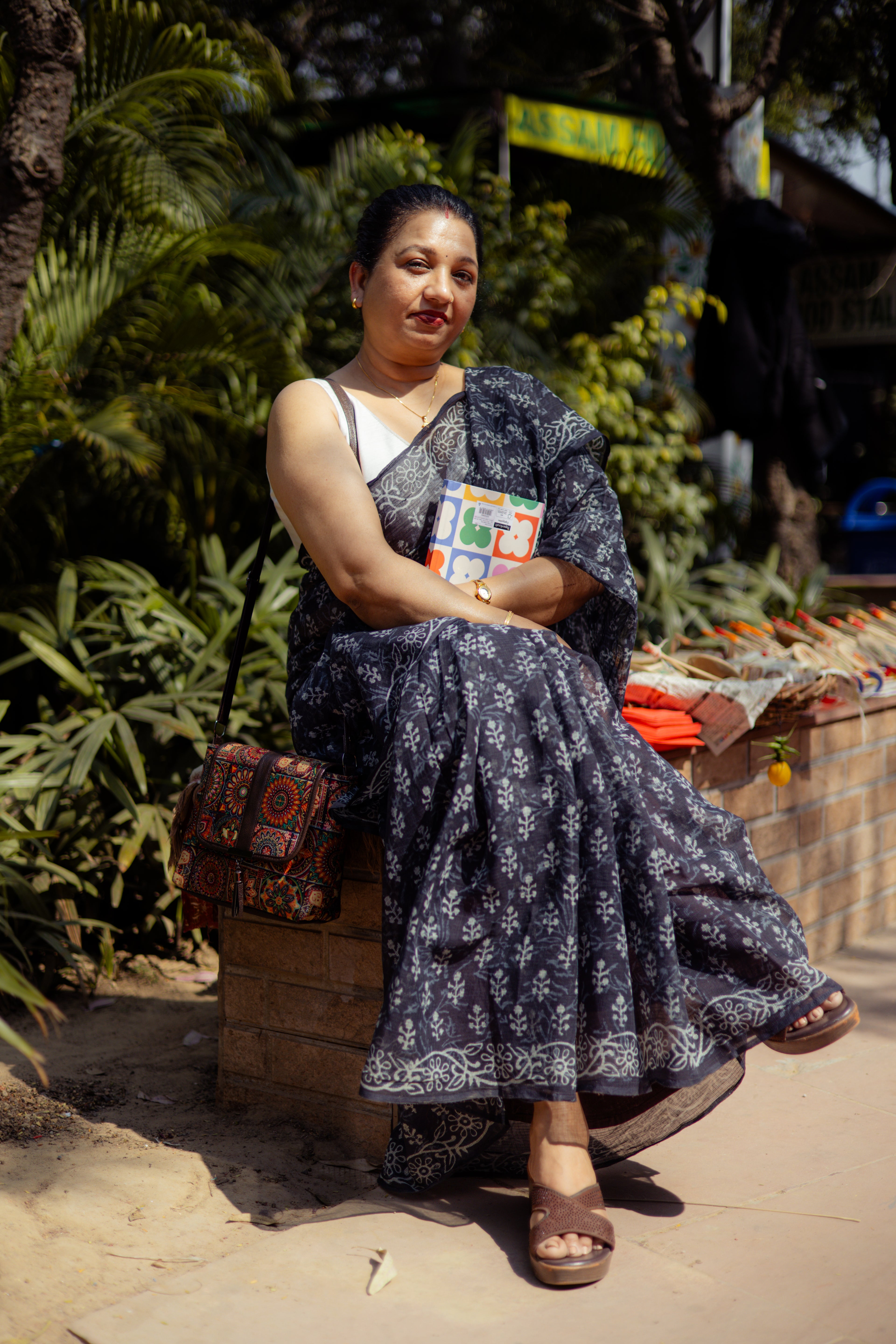Indigo Blue Kota Doria Saree with White Block Print Motifs