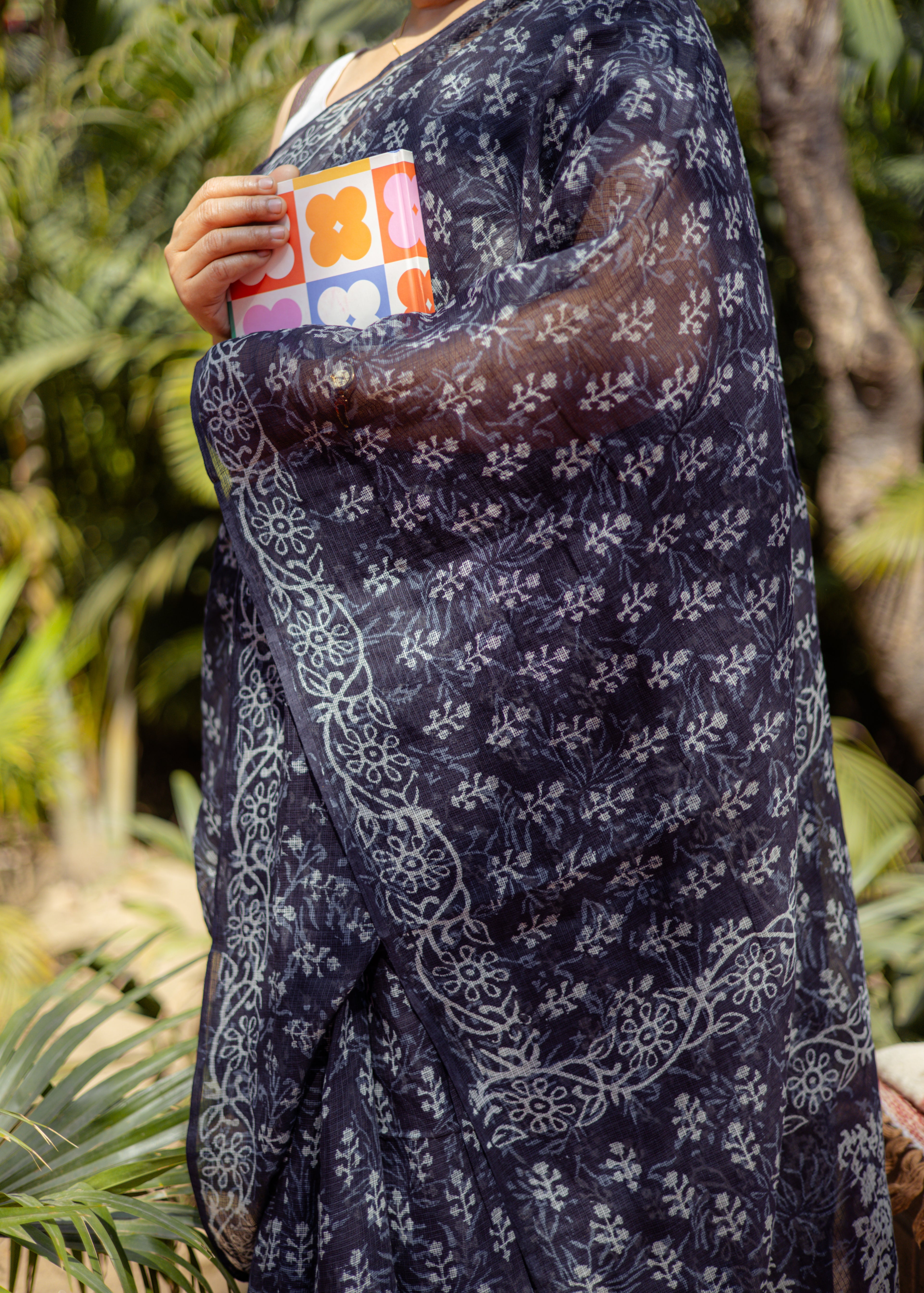 Indigo Blue Kota Doria Saree with White Block Print Motifs