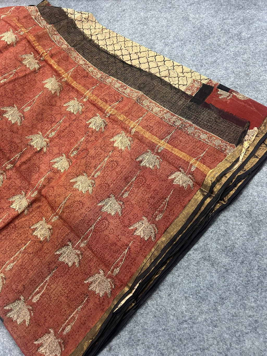Beige & Rust Kota Doria Saree with Lotus Handblock Print & Zari Border | Lightweight Everyday Saree