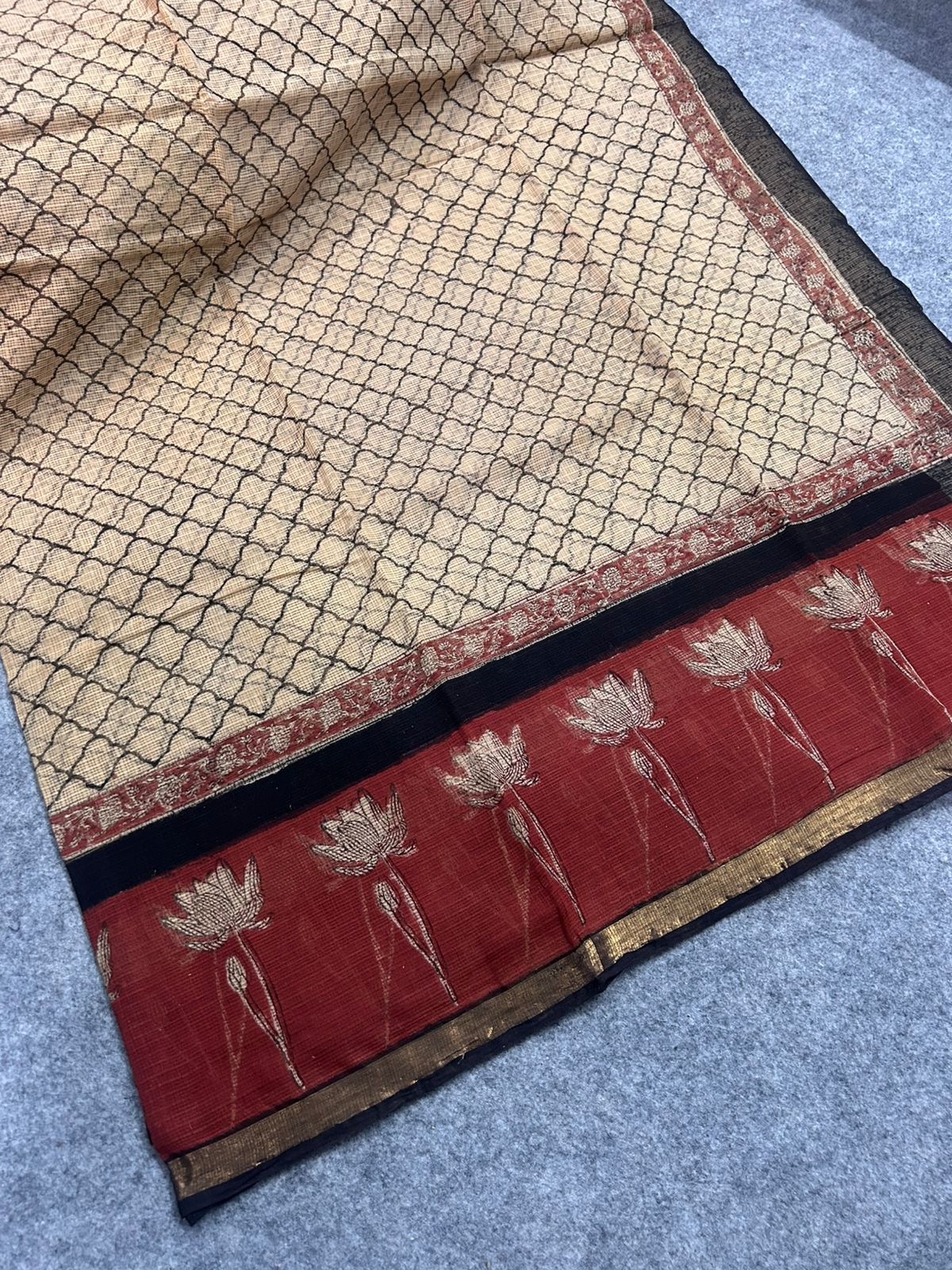 Beige & Rust Kota Doria Saree with Lotus Handblock Print & Zari Border | Lightweight Everyday Saree