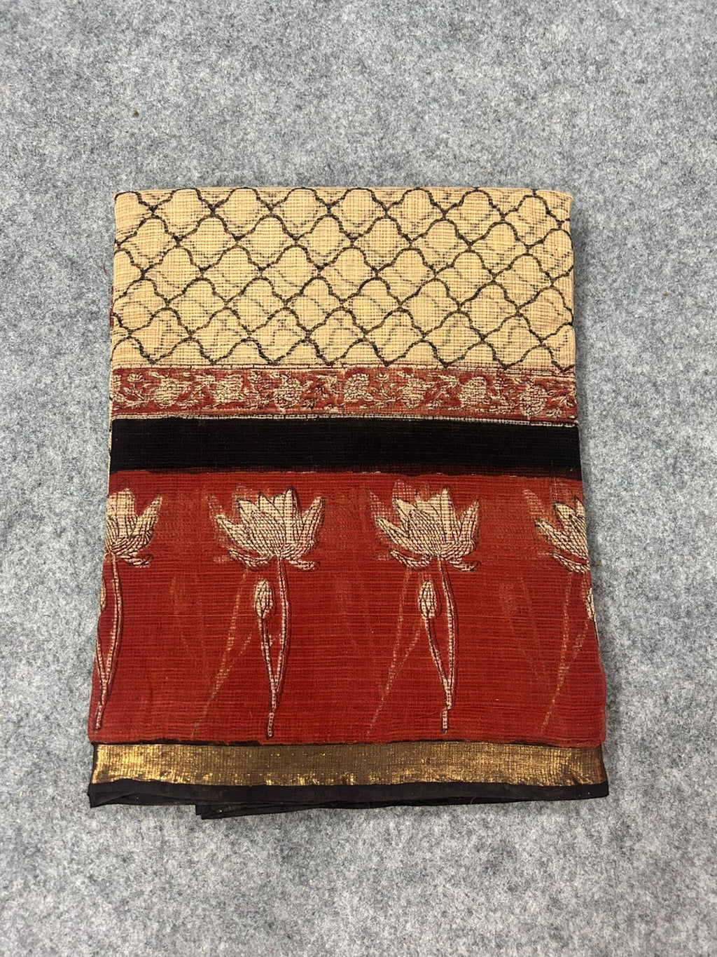 Beige & Rust Kota Doria Saree with Lotus Handblock Print & Zari Border | Lightweight Everyday Saree