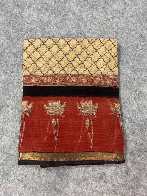 Beige & Rust Kota Doria Saree with Lotus Handblock Print & Zari Border | Lightweight Everyday Saree