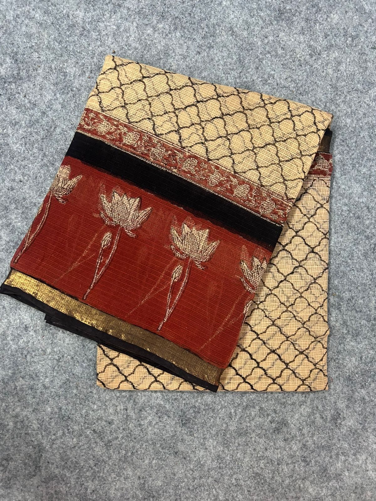 Beige & Rust Kota Doria Saree with Lotus Handblock Print & Zari Border | Lightweight Everyday Saree