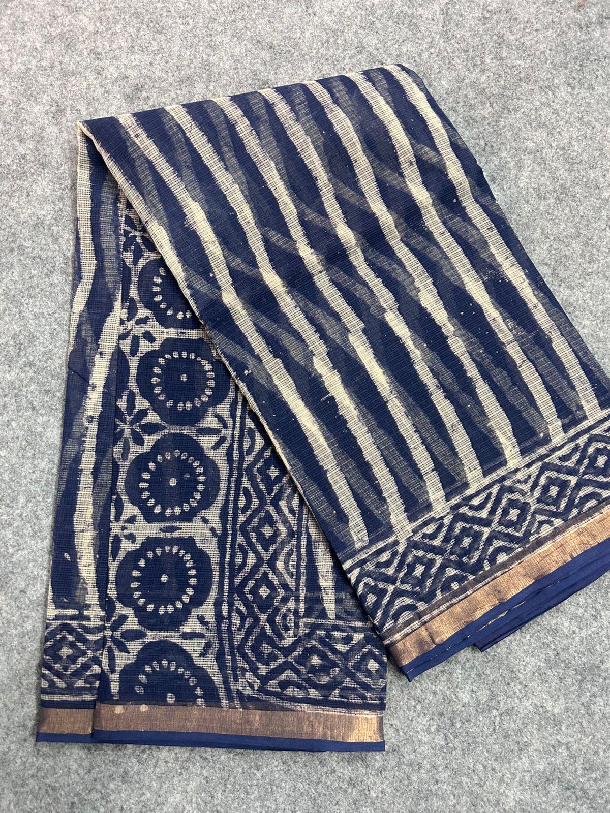 Indigo & Off-White Striped Kota Doria Saree with Hand Block Print Border | Lightweight Everyday Saree