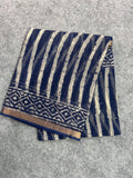 Indigo & Off-White Striped Kota Doria Saree with Hand Block Print Border | Lightweight Everyday Saree