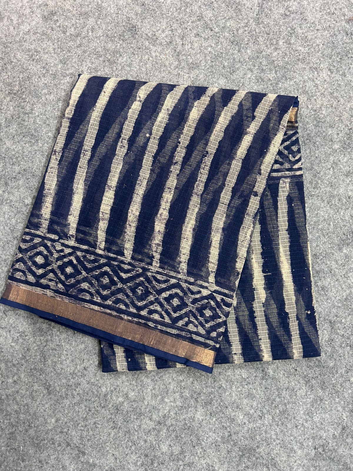 Indigo & Off-White Striped Kota Doria Saree with Hand Block Print Border | Lightweight Everyday Saree
