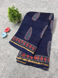 Ink Blue Chanderi Silk Saree with Hand Block Print Motifs & Zari Border | Sheer Festive Elegance