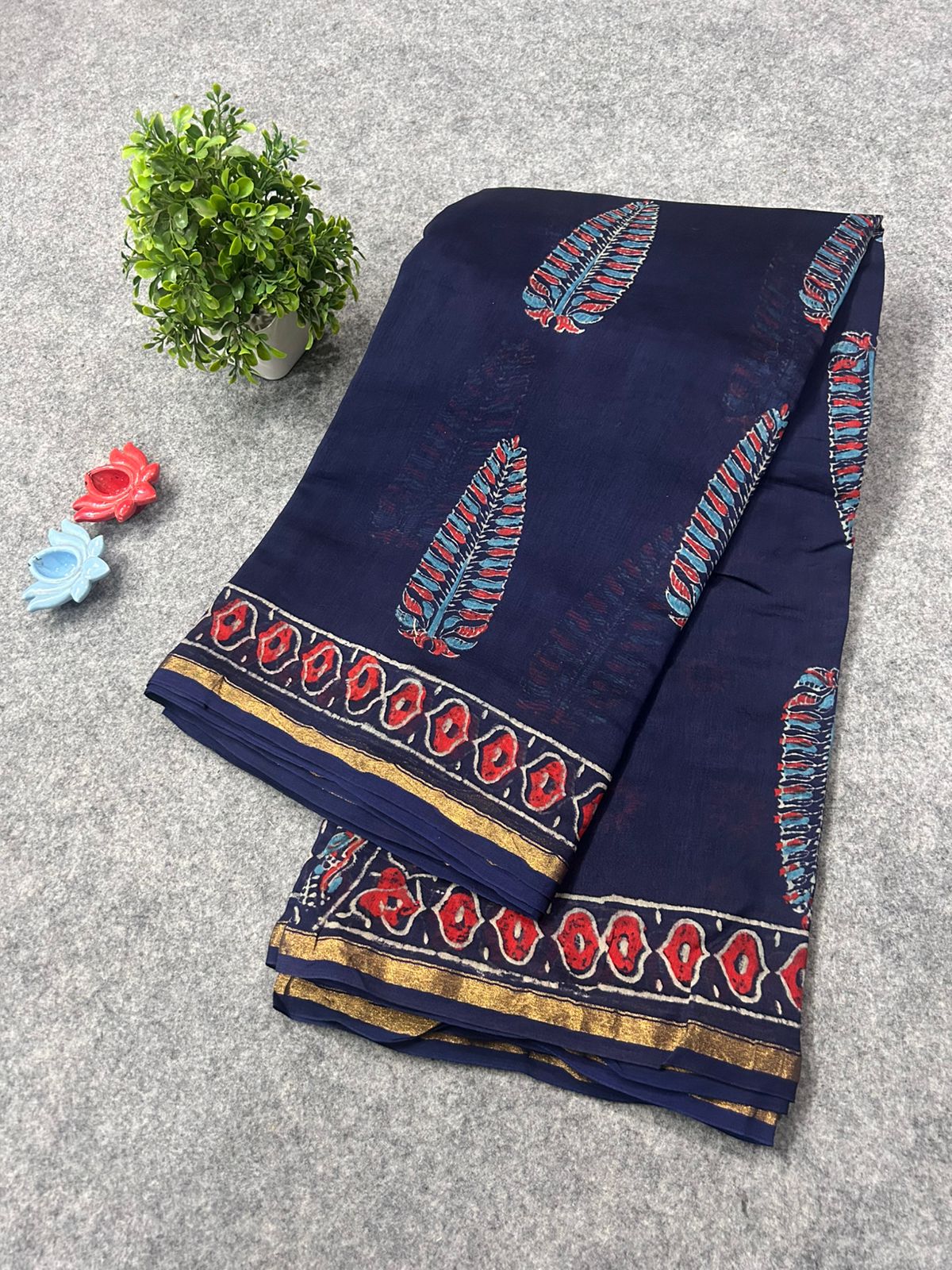 Ink Blue Chanderi Silk Saree with Hand Block Print Motifs & Zari Border | Sheer Festive Elegance